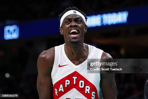 Pascal Siakam of the Toronto Raptors reacts to a play against the Washington Wizards during the second half at Capital One Arena on December 27, 2023...