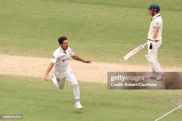 Mir Hamza of Pakistan celebrates the wicket of Travis Head of Australia during day three of the Second Test Match between Australia and Pakistan at...