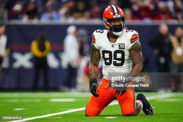Za'Darius Smith of the Cleveland Browns reacts during an NFL football game against the Houston Texans at NRG Stadium on December 24, 2023 in Houston,...