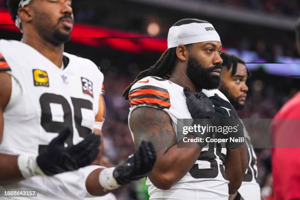 Za'Darius Smith of the Cleveland Browns looks on from the sideline prior to an NFL football game against the Houston Texans at NRG Stadium on...