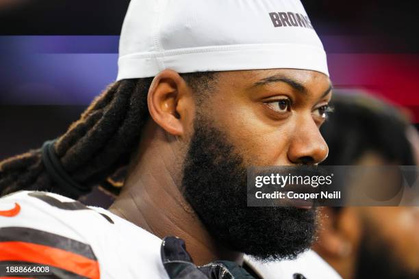 Za'Darius Smith of the Cleveland Browns looks on from the sideline prior to an NFL football game against the Houston Texans at NRG Stadium on...