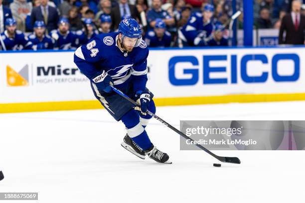 Tyler Motte of the Tampa Bay Lightning against the Florida Panthers during the second period at Amalie Arena on December 27, 2023 in Tampa, Florida.