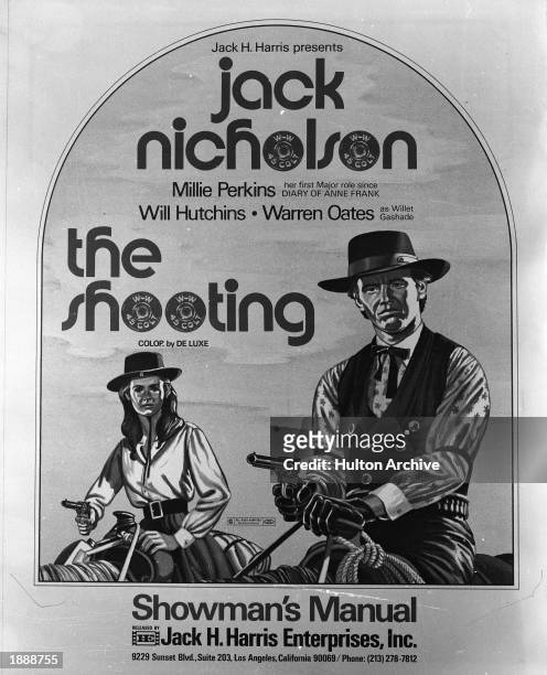 Promotional poster for the Western film, 'The Shooting,' starring American actors Jack Nicholson and Millie Perkins, directed by Monte Hellman, 1967.