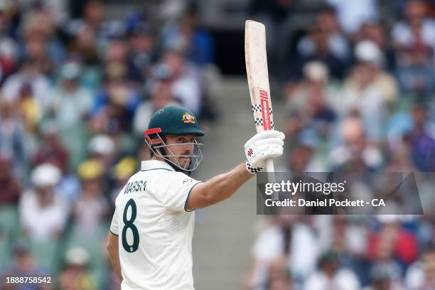 Mitchell Marsh of Australia raises his bat to celebrate making fifty runs during day three of the Second Test Match between Australia and Pakistan at...