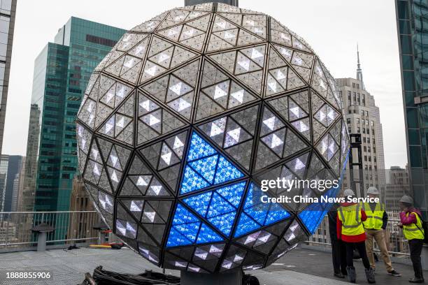 Times Square New Year's Eve crystal ball is seen after being tested on December 27, 2023 in New York City. Times Square New Year's Eve Ball was...