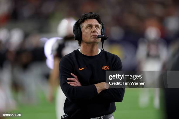 Head coach Mike Gundy of the Oklahoma State Cowboys reacts on the sideline in the second half against the Texas A&M Aggies during the TaxAct Texas...