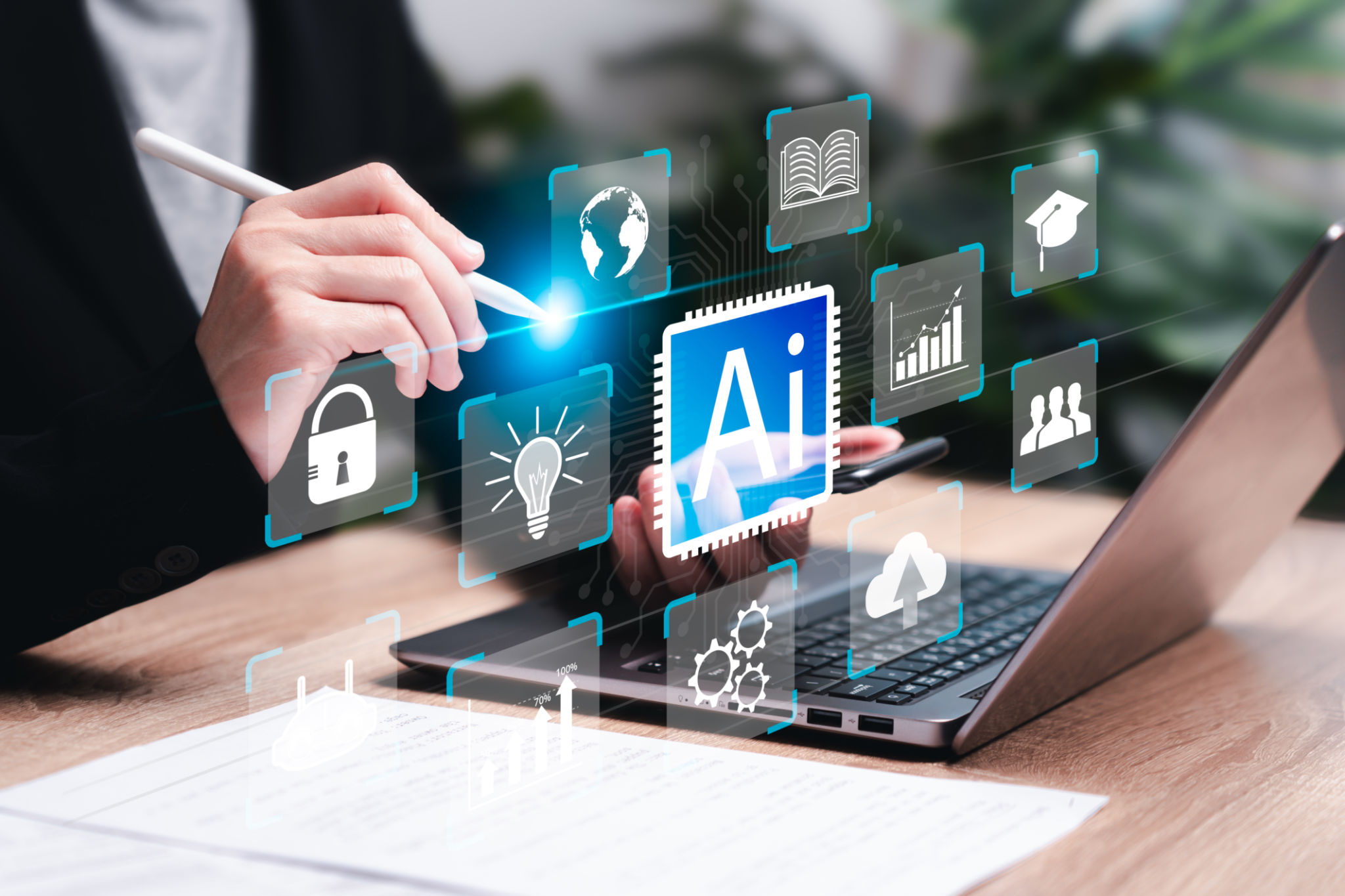 Business and AI, Artificial intelligence technology, and daily life, World technology concept, Businesswomen use laptops with AI application, Modern thinking with technology Help solve work problems. Business and AI, Artificial intelligence technology, and daily life, World technology concept, Businesswomen use laptops with AI application, Modern thinking with technology Help solve work problems.