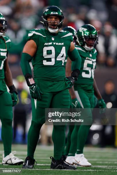 Solomon Thomas of the New York Jets in action against the Washington Commanders during a game at MetLife Stadium on December 24, 2023 in East...