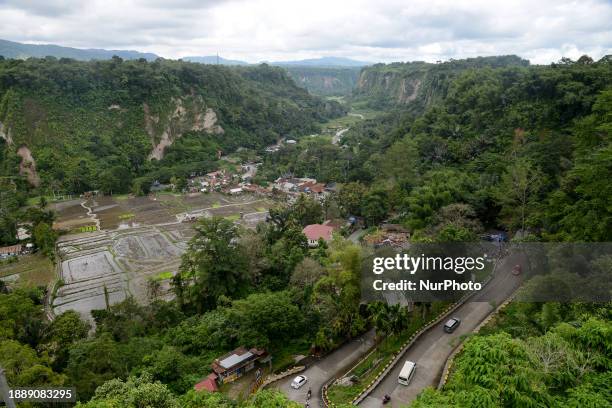 An aerial photo is showing Sianok Canyon, locally known as Ngarai Sianok, in Bukittinggi, West Sumatra, Indonesia, on December 31, 2023. The canyon...