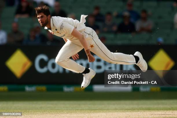 Shaheen Shah Afridi of Pakistan bowls during day three of the Second Test Match between Australia and Pakistan at Melbourne Cricket Ground on...