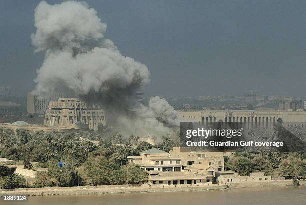 Smoke rises as coalition forces bomb one of Iraqi President Saddam Hussein's presidential palaces April 1, 2003 in Baghdad, Iraq. Allied bombing has...