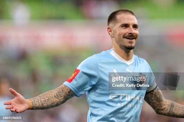 Jamie Maclaren of Melbourne City celebrates scoring a goal, his 150th A-League goal, during the A-League Men round 10 match between Melbourne City...