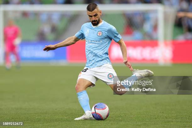 Aziz Behich of Melbourne City controls the ball during the A-League Men round 10 match between Melbourne City and Brisbane Roar at AAMI Park, on...