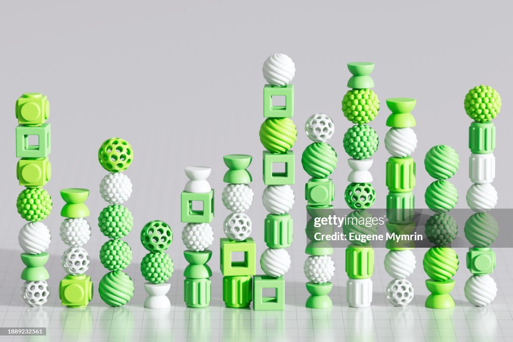 Abstract 3D Image Of Colored Geometric Shapes Connecting Between Each Other and Balancing. Logic Computer Game and Artificial Intelligence