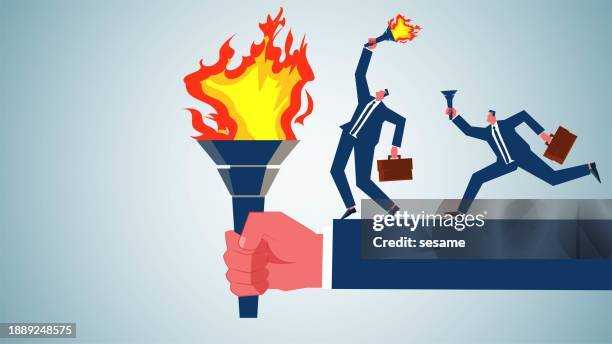 passing on of cultural fire commerce, acquiring a legacy or skill of experience, passing on or succession plan, successor, torch relay, businessman taking an unlit torch to a giant's torch to be lit - succession planning stock illustrations
