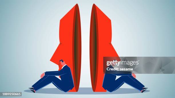 relationship difficulties, office politics, dishonesty, hypocrisy, not daring to face it, two businessmen sitting disappointed against two masks - two faces stock illustrations