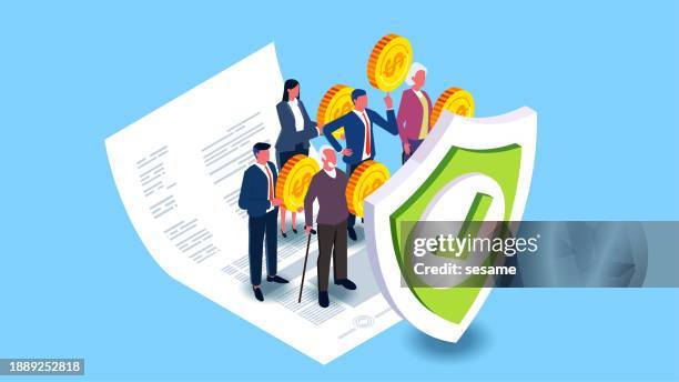 pension insurance, wealth protection and insurance, retirement and savings protection and security, isometrics standing behind the shield a bunch of merchants and retirees with gold coins - saving for retirement stock illustrations