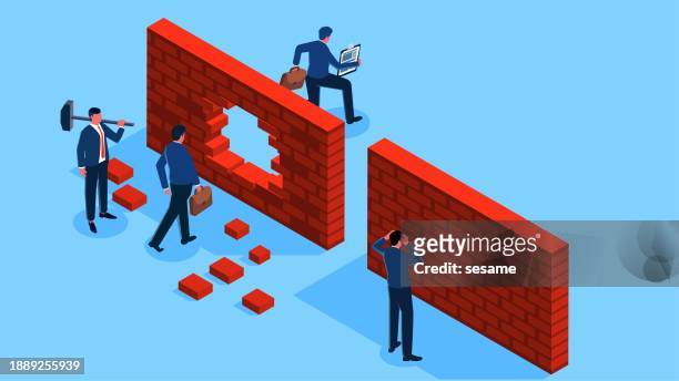 breaking through barriers or overcoming difficulties, setbacks, creating new opportunities and paths, determination and courage to overcome difficulties, isometric a businessman taking a hammer and destroying a wall to create an exit - breaking and exiting stock illustrations