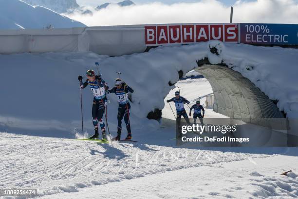 Johannes Thingnes Boe of Norway, Emilien Jacquelin of France, Benedikt Doll of Germany and Sturla Holm Laegrreid of Norway competes during the Men...