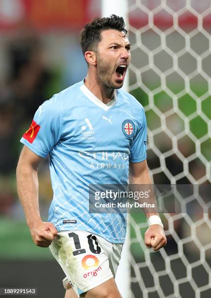 Tolgay Arslan of Melbourne City celebrates scoring a goal during the A-League Men round 10 match between Melbourne City and Brisbane Roar at AAMI...