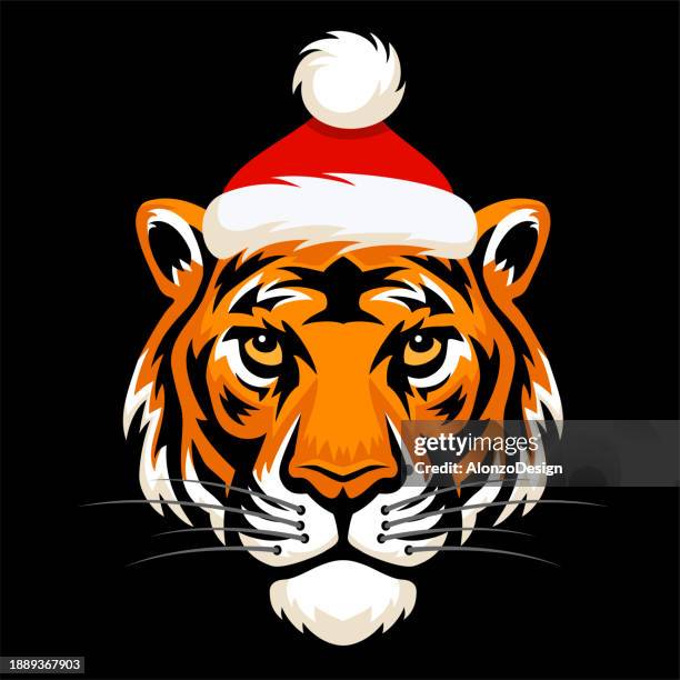 illustrations, cliparts, dessins animés et icônes de tigre féroce portant le chapeau du père noël. - christmas angry