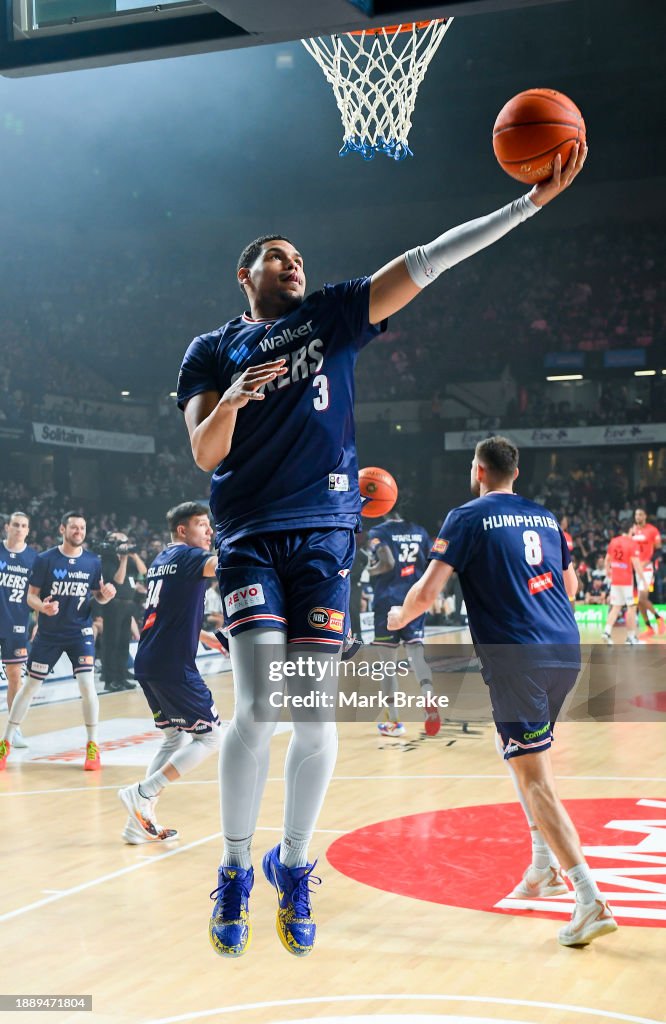 Trey Kell III of the 36ers laysup during warmups of the round 13