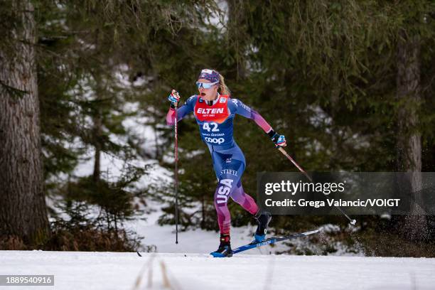 Jessie Diggins of the United States competes during the FIS World Cup Cross - Country Tour de Ski 10km on December 31, 2023 in Toblach Hochpustertal,...