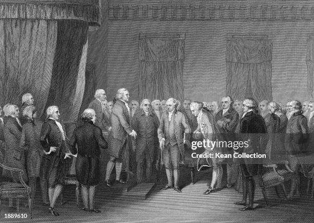 The First French Minister to America Conrad Alexandre Gerard is introduced to members of the Second Continental Congress following the signing of the...