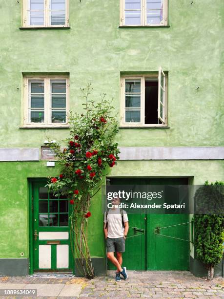 happy tourist on the colourful street in copenhagen, denmark - alexander rosen stock-fotos und bilder