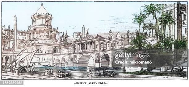 old engraved illustration of view of ancient alexandria, egypt - ancient alexandria egypt stock pictures, royalty-free photos & images