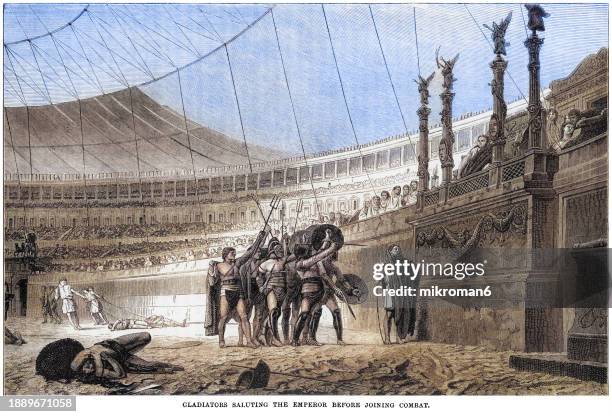old engraved illustration of gladiators saluting the emperor before joining combat - roma antigua fotografías e imágenes de stock