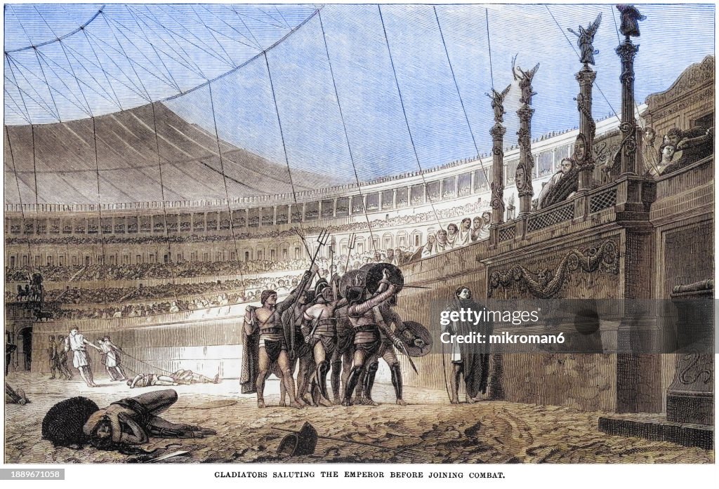 Old engraved illustration of gladiators saluting the Emperor before joining combat