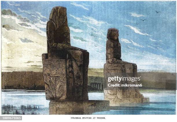 old engraved illustration of colossal statues at thebes - colossi of memnon, two massive stone statues of the pharaoh amenhotep iii in the theban necropolis - ancient greece photos stock pictures, royalty-free photos & images