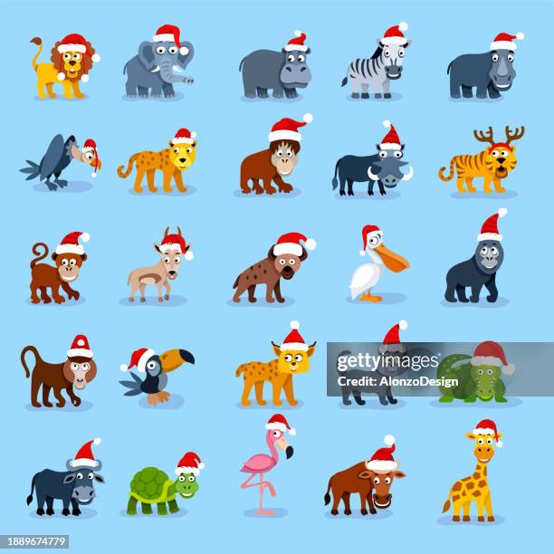 cartoon wild animals wearing santa claus's hat. - spider monkey stock illustrations