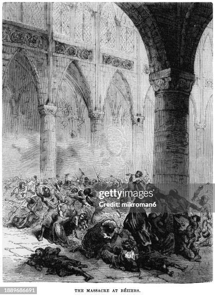 old engraved illustration of the massacre at béziers occurred on 22 july 1209 during the sack of béziers by crusaders (the first major military action of the albigensian crusade) - king royal person stock pictures, royalty-free photos & images