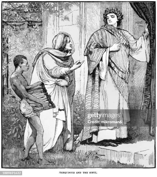 old engraved illustration of tarquin and sibyl, tarquinius priscus, king of rome (r.616-578 b.c.), rejecting the sibyl of cumae's offer of nine books of prophecies - king royal person stock pictures, royalty-free photos & images