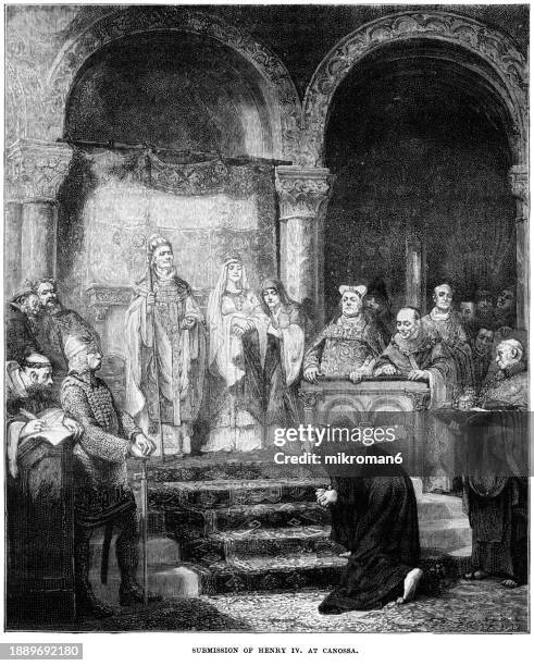 old engraved illustration of kneeling henry iv the german emperor doing penance before the pope's door at canossa. - latium stock pictures, royalty-free photos & images