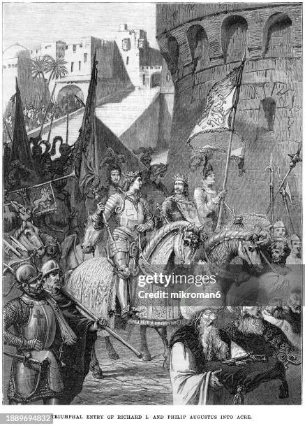 old engraved illustration of triumphal entry of richard i of england  (richard cœur de lion or richard the lionheart) and philip augustus into acre - king royal person stock pictures, royalty-free photos & images