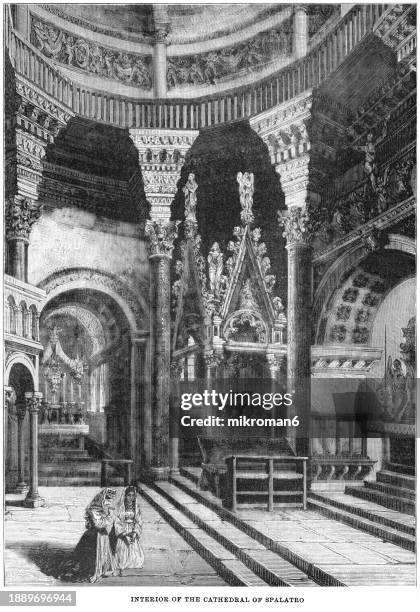 old engraving illustration of interior of the cathedral of spalatro - palace of the emperor diocletian at spalatro in dalmatia, croatia (formerly the temple of the palace of diocletian) - croatian culture stock pictures, royalty-free photos & images