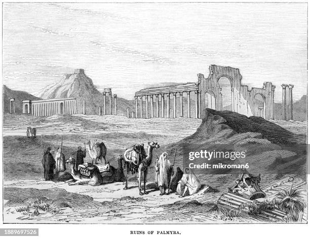 old engraved illustration of ruins of palmyra, an ancient city in the eastern part of the levant, now in the center of modern syria - palmyra stock pictures, royalty-free photos & images