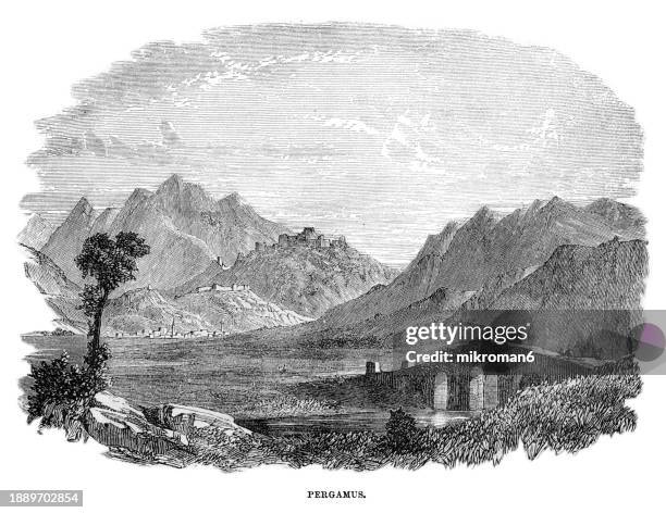 old engraved illustration of the acropolis of pergamus, the library of pergamum in pergamum, turkey - central greece stock pictures, royalty-free photos & images