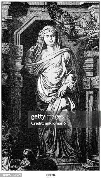 old engraved illustration of ceres, in ancient roman religion goddess of agriculture, grain crops, fertility and motherly relationships - central greece stock pictures, royalty-free photos & images