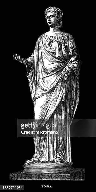 old engraved illustration of flora, a roman goddess of flowers and spring – a symbol for nature and flowers (especially the may-flower) - central greece stock pictures, royalty-free photos & images