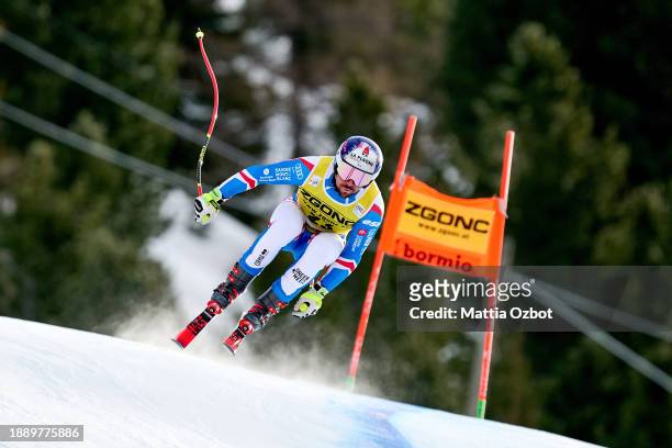 Maxence Muzaton of France in action during Audi FIS Alpine Ski World Cup men's downhill at Stelvio Ski slope on December 28, 2023 in Bormio, Italy.