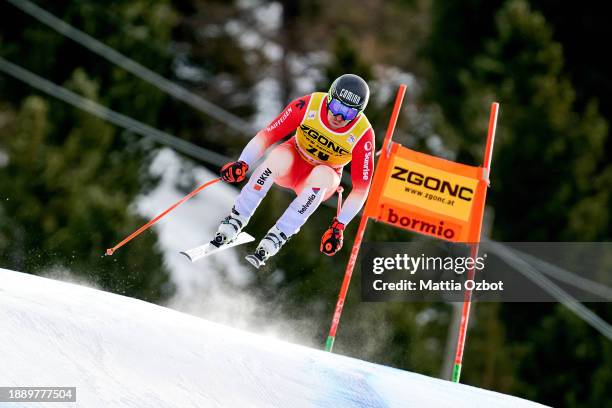 Justin Murisier of Switzerland in action during Audi FIS Alpine Ski World Cup men's downhill at Stelvio Ski slope on December 28, 2023 in Bormio,...