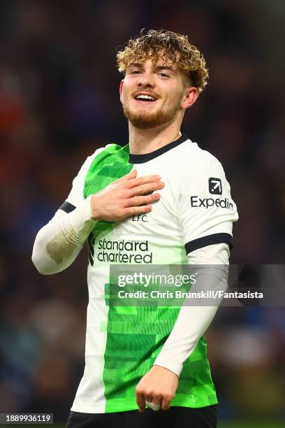 Harvey Elliott of Liverpool celebrates a goal that is later ruled out by VAR during the Premier League match between Burnley FC and Liverpool FC at...