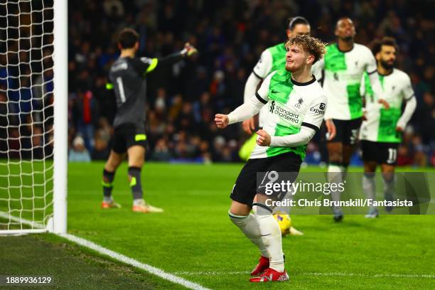 Harvey Elliott of Liverpool celebrates a goal that is later ruled out by VAR during the Premier League match between Burnley FC and Liverpool FC at...