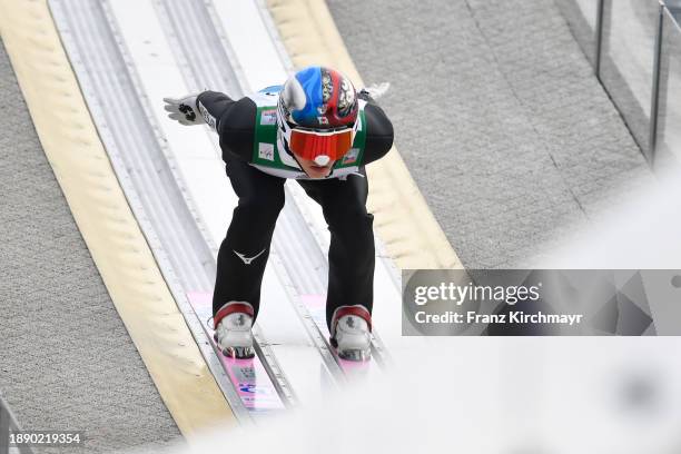 Taku Takeuchi of Japan competes during the FIS World Cup Ski Jumping Four Hills Tournament Men Garmisch Individual HS142 on December 31, 2023 in...