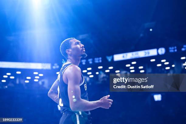 Harry Giles III of the Brooklyn Nets looks on during the second quarter of the game against the Milwaukee Bucks at Barclays Center on December 27,...