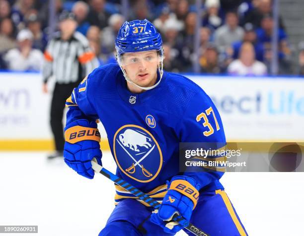 Casey Mittelstadt of the Buffalo Sabres skates against the Toronto Maple Leafs during an NHL game on December 21, 2023 at KeyBank Center in Buffalo,...